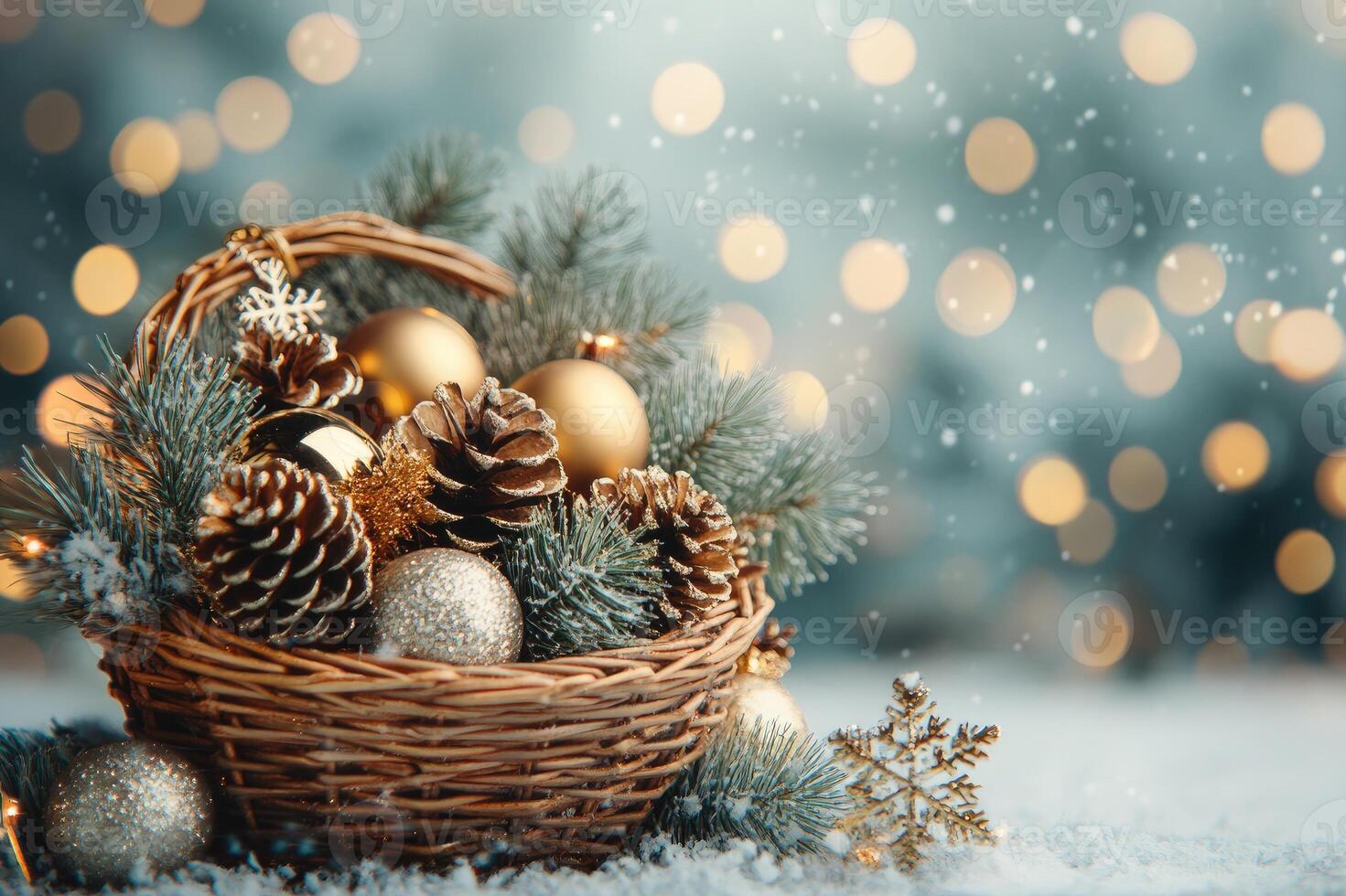 Christmas basket overflowing with pine cones, golden ornaments, and evergreen branches in snowy setting photo
