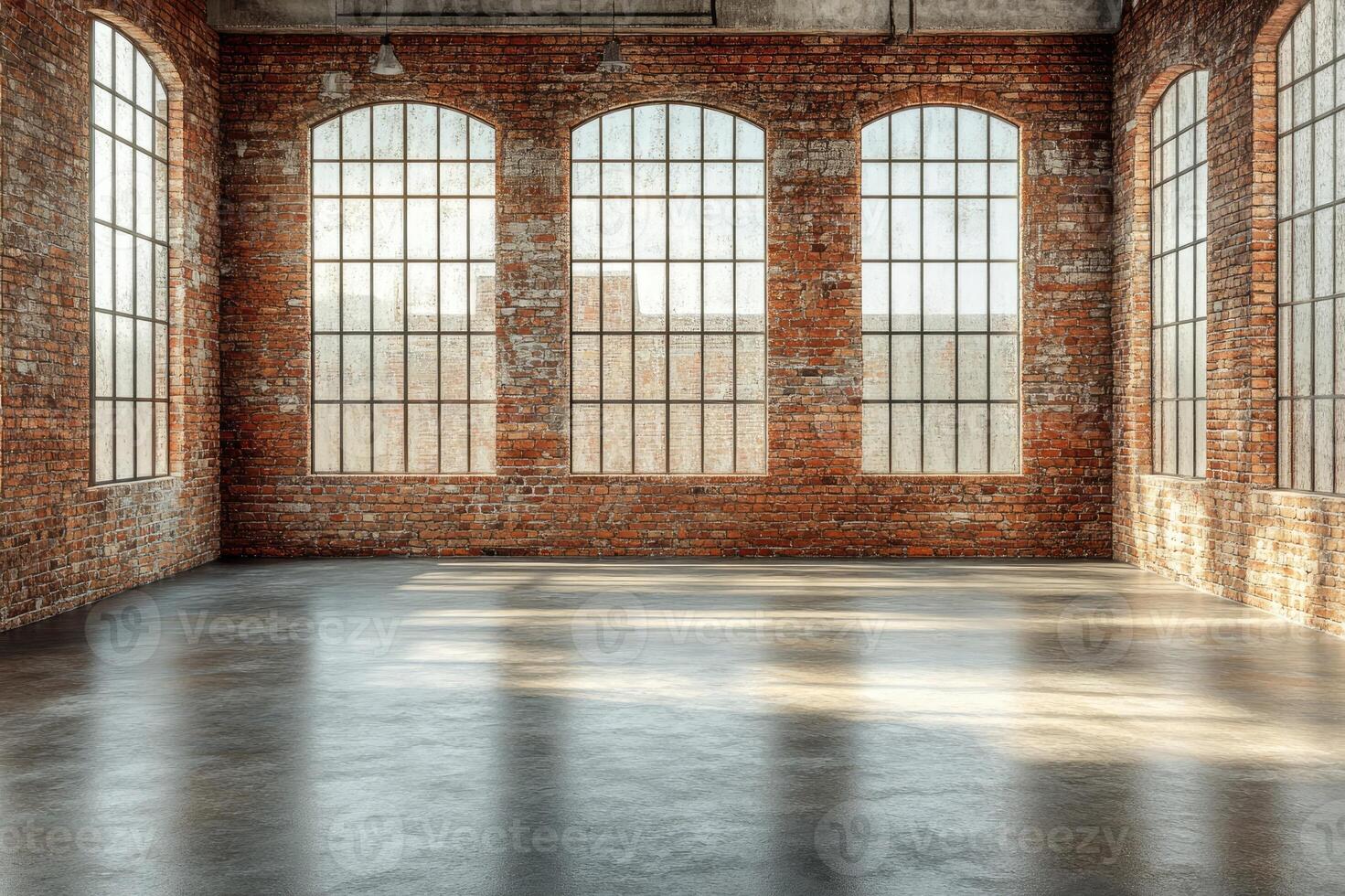 Empty industrial loft with large windows and city view showing sunlight and shadows photo
