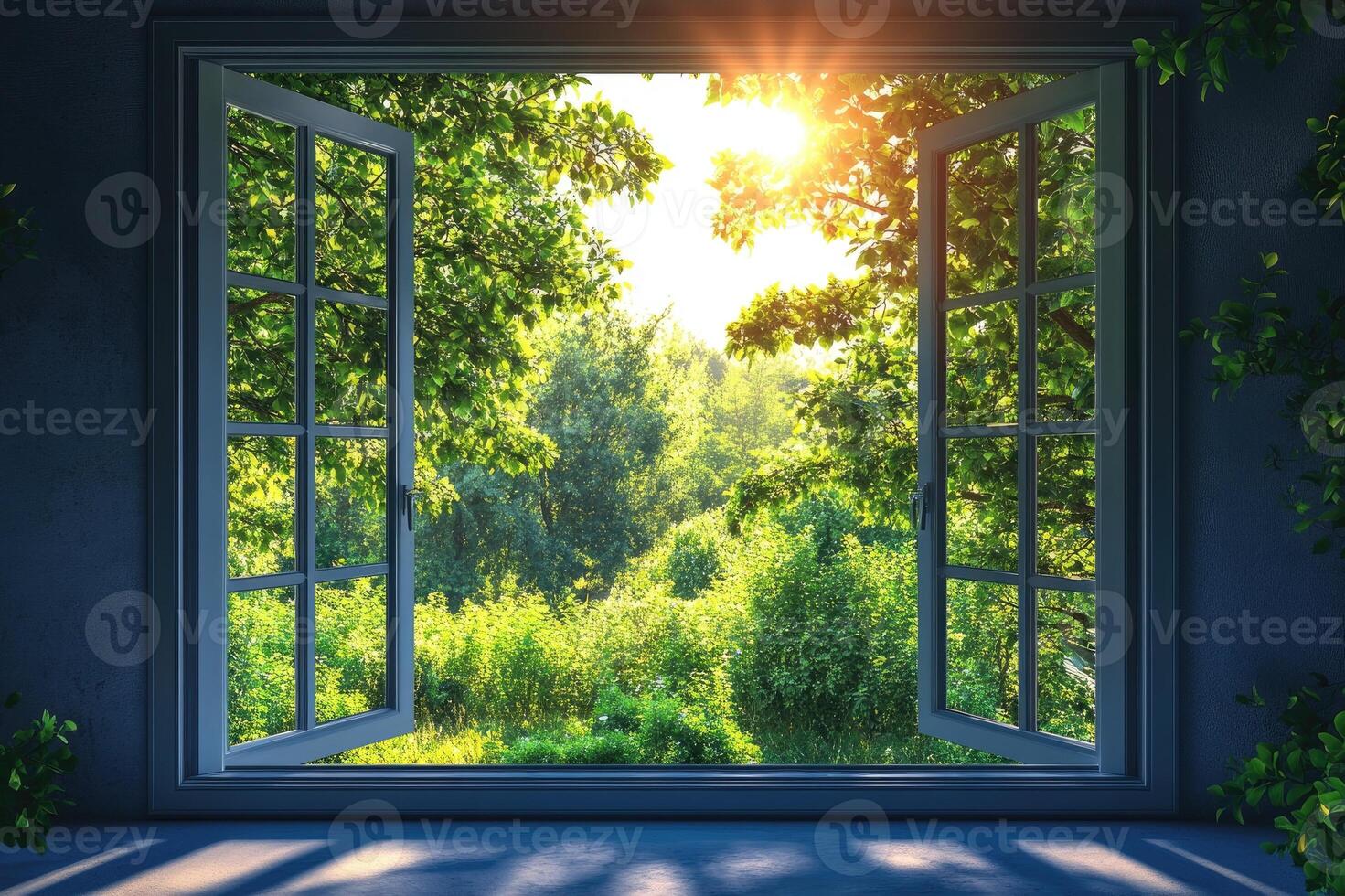 Open window showing beautiful green trees and bright sunlight photo