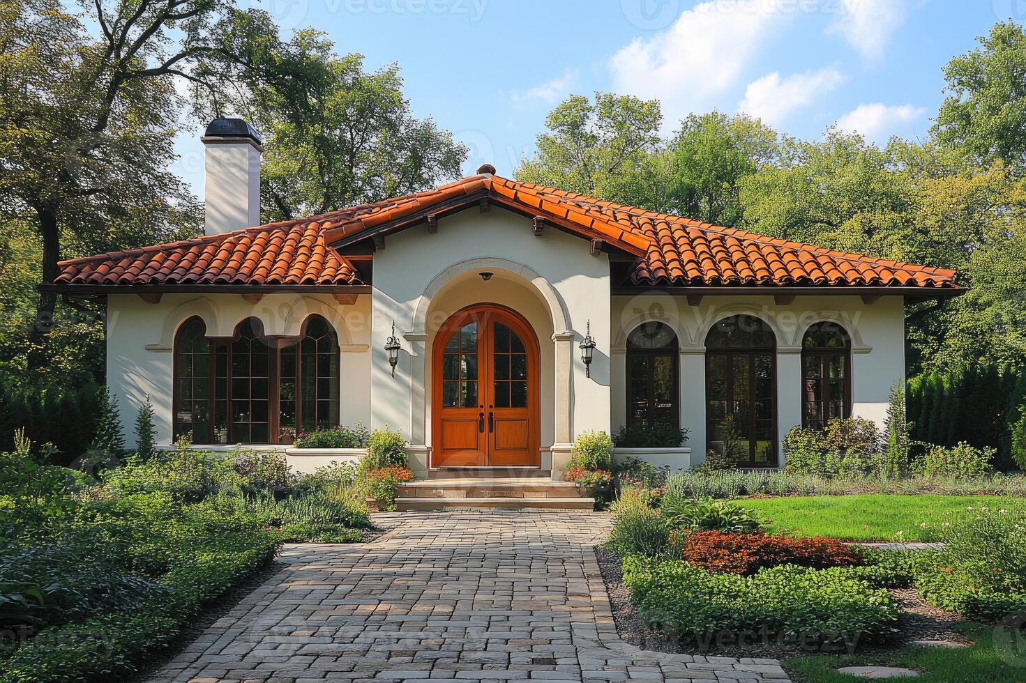 Spanish style house exterior showing terracotta roof and stucco walls photo
