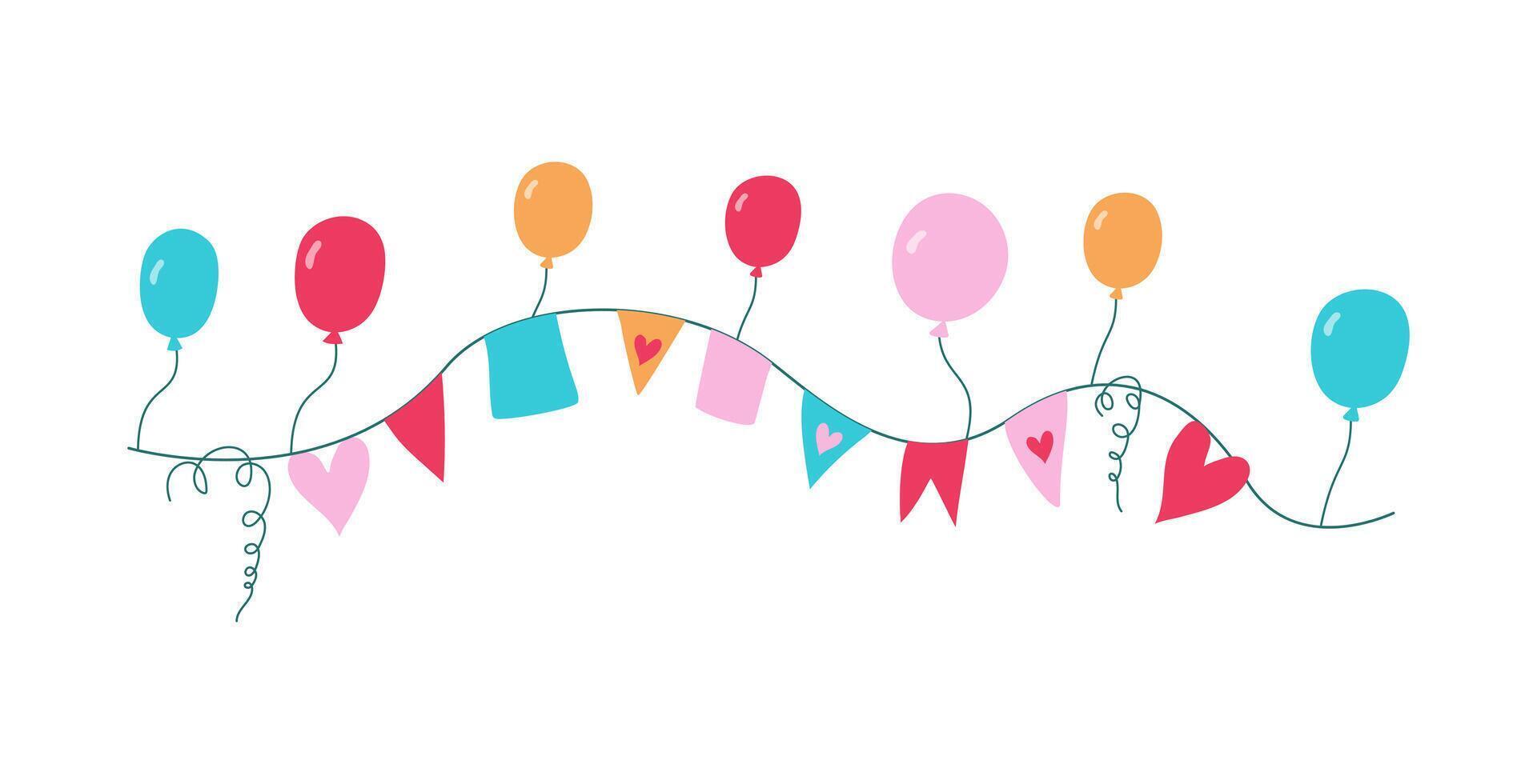 Multicolored bright festive decor, hearts, balloons. Funny cartoon icons, flags. Decor birthday card, Valentine's Day, party invitation. vector