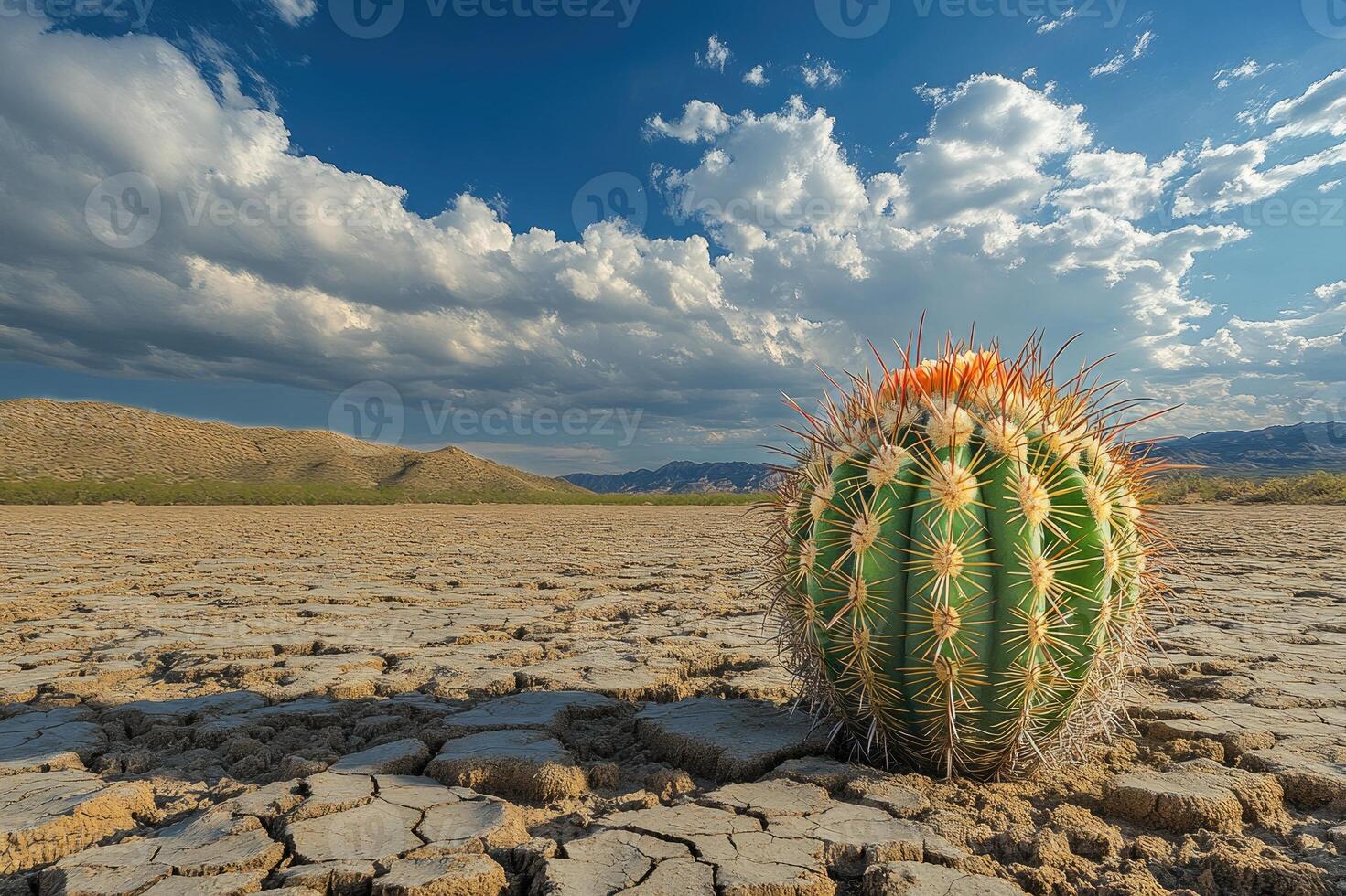 Blooming cactus surviving in the dry desert landscape under a cloudy sky photo