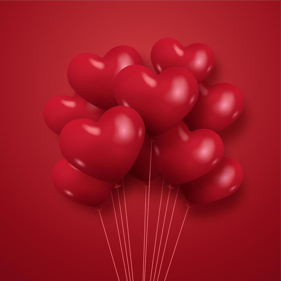 Shiny heart shaped red balloons floating on a red background vector