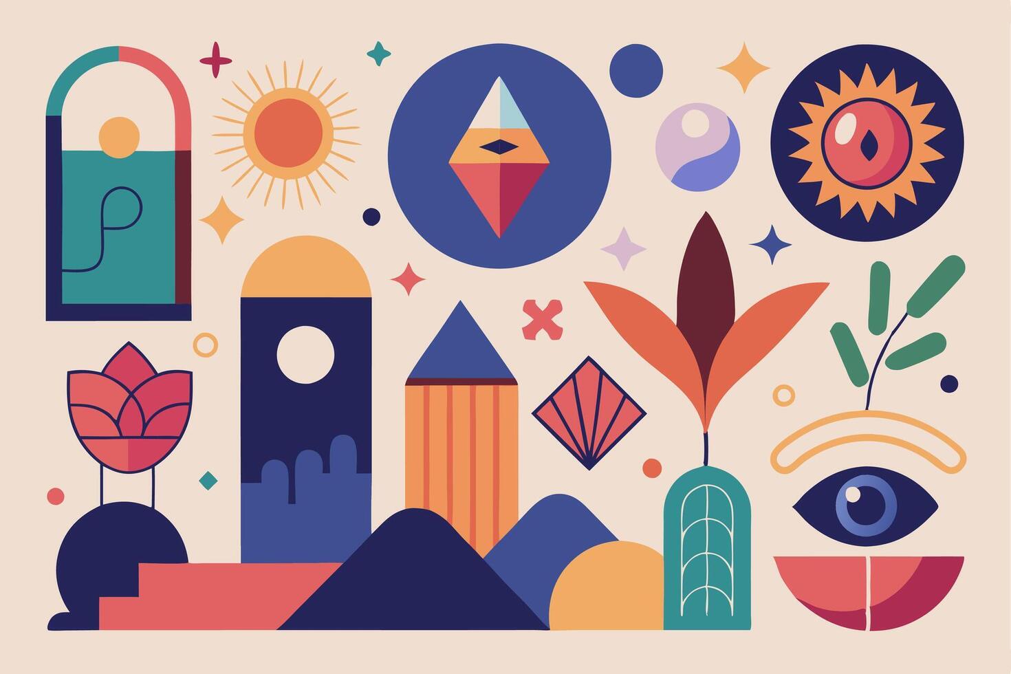 A colorful illustration of various objects vector