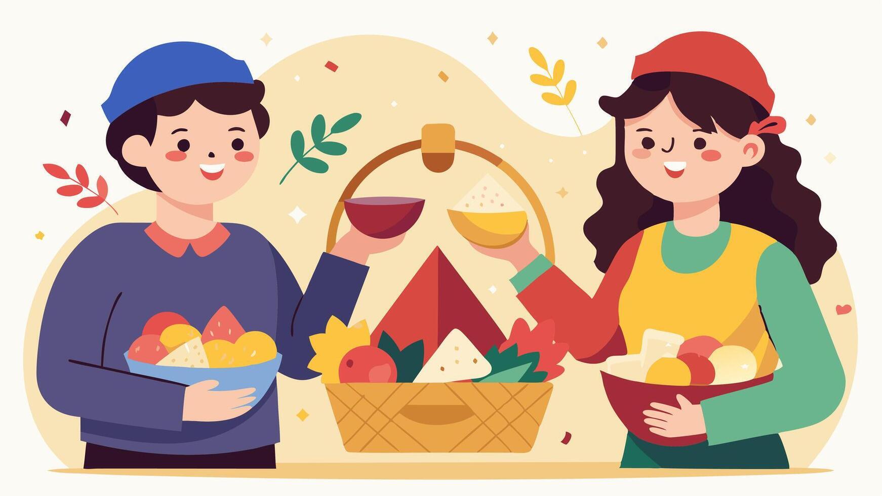 Two people holding wine and fruit in a basket vector