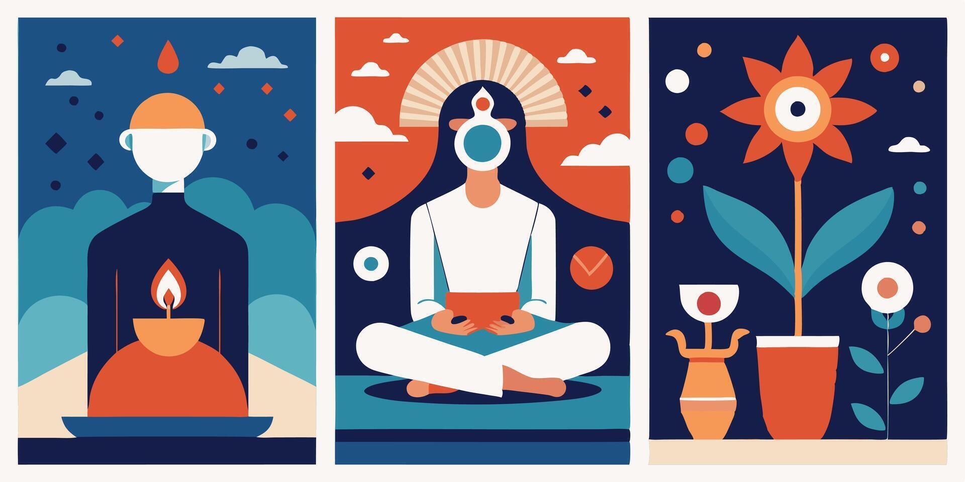Three different illustrations of people sitting in meditation vector