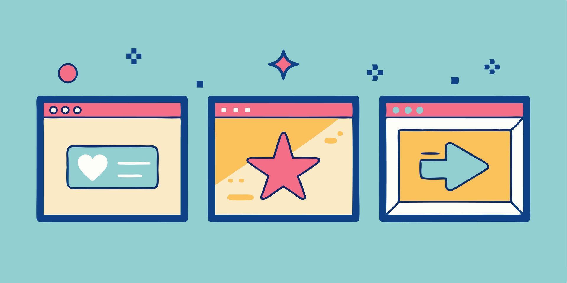 Three different types of websites with different icons vector