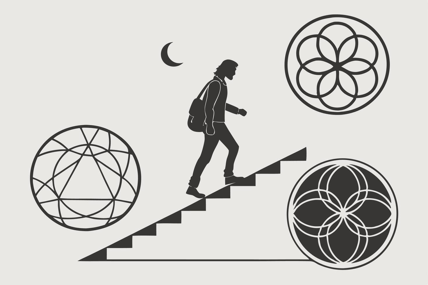 A man walking up stairs with a flower and a globe vector