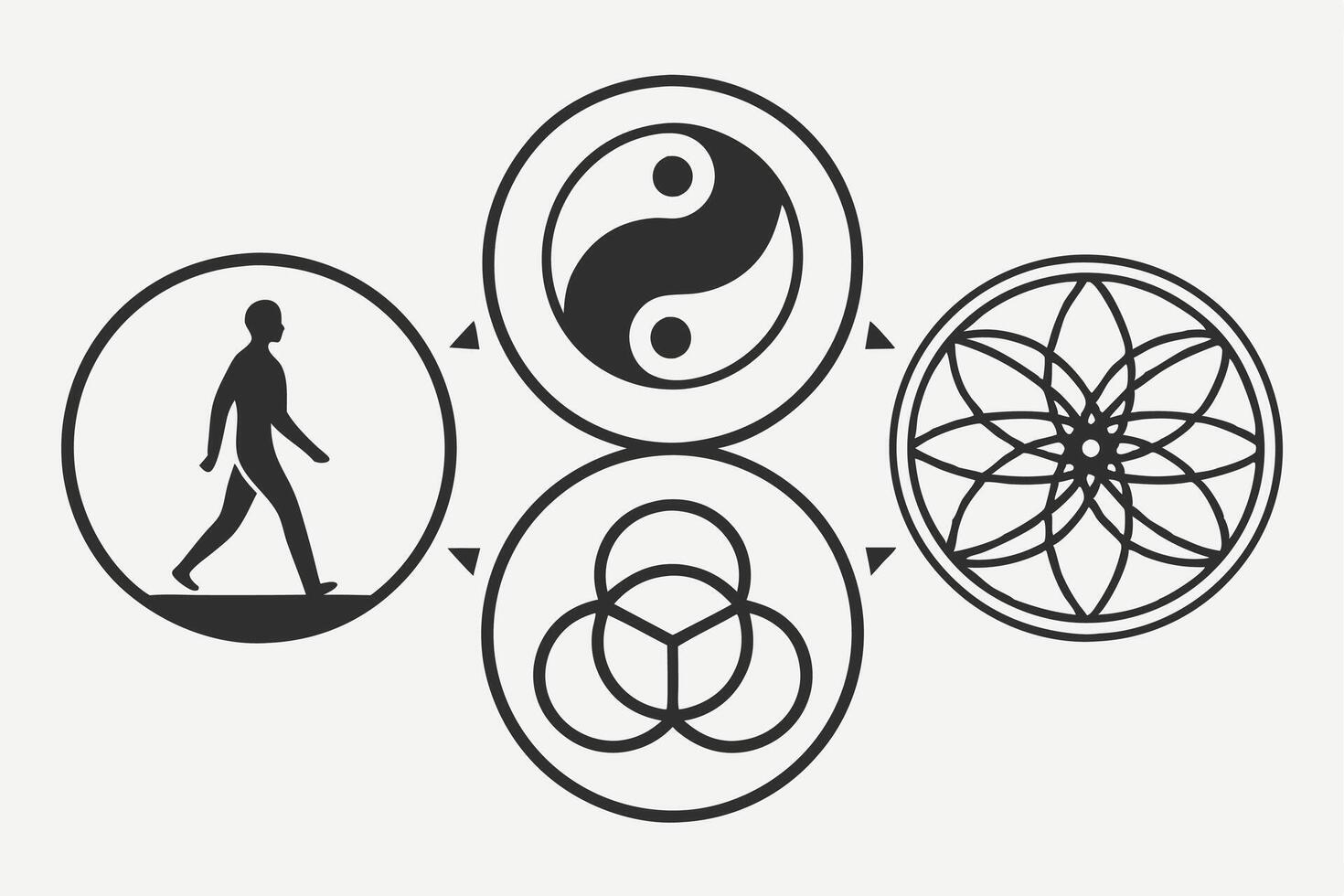 The yin and yang symbol, a man walking and a flower vector