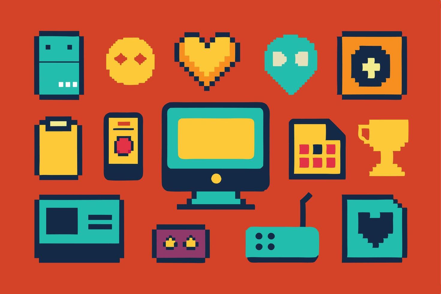 Pixel art icons set on red background vector