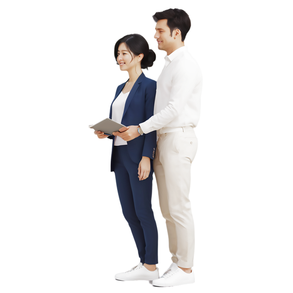 a man and woman standing together with a tablet png