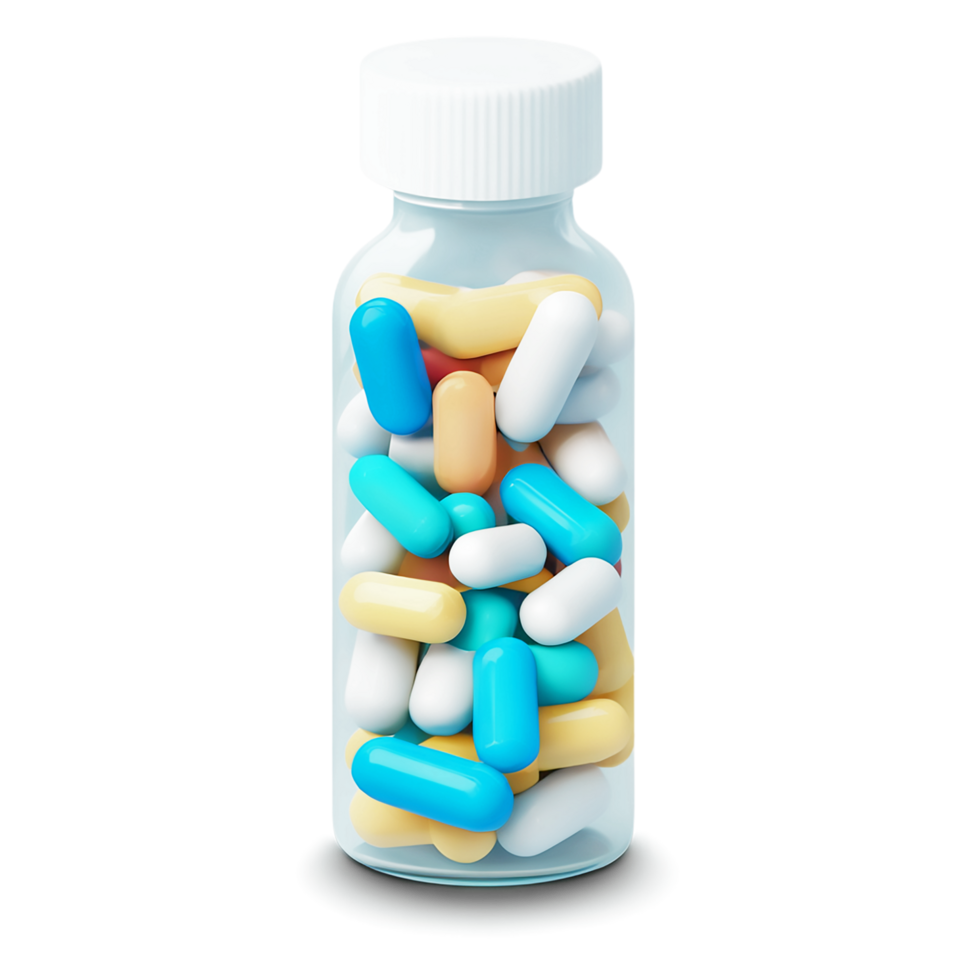 pills in a glass bottle on a transparent background png