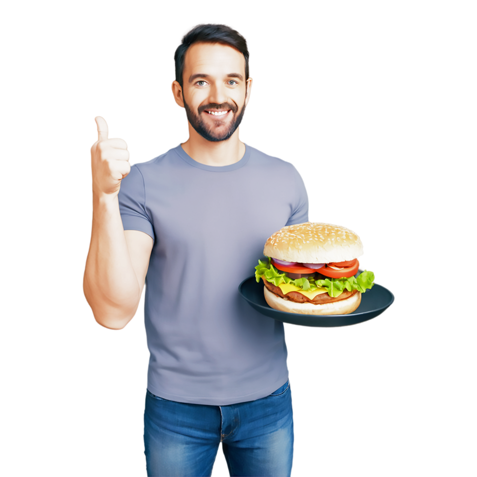 man holding a hamburger and giving the thumbs up png