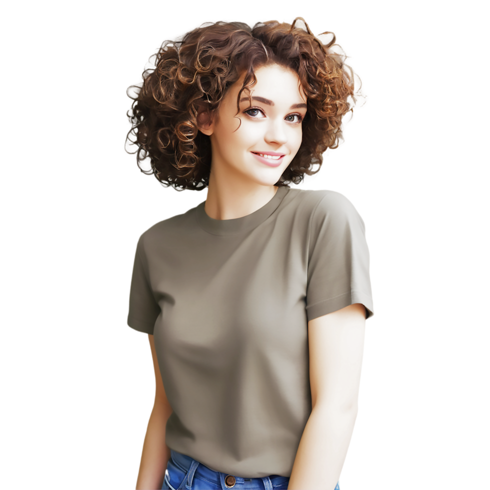a woman with curly hair wearing a t - shirt png