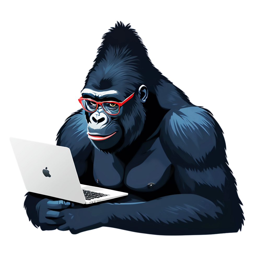 gorilla with glasses and laptop on transparent background png