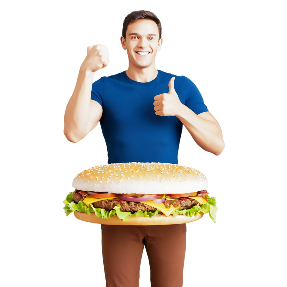 a man holding a big hamburger and giving the thumbs up png