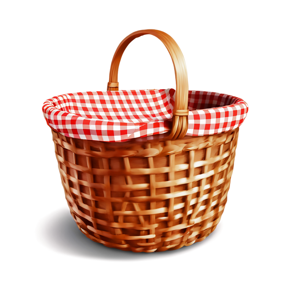a wicker basket with a red and white checkered cloth on it png