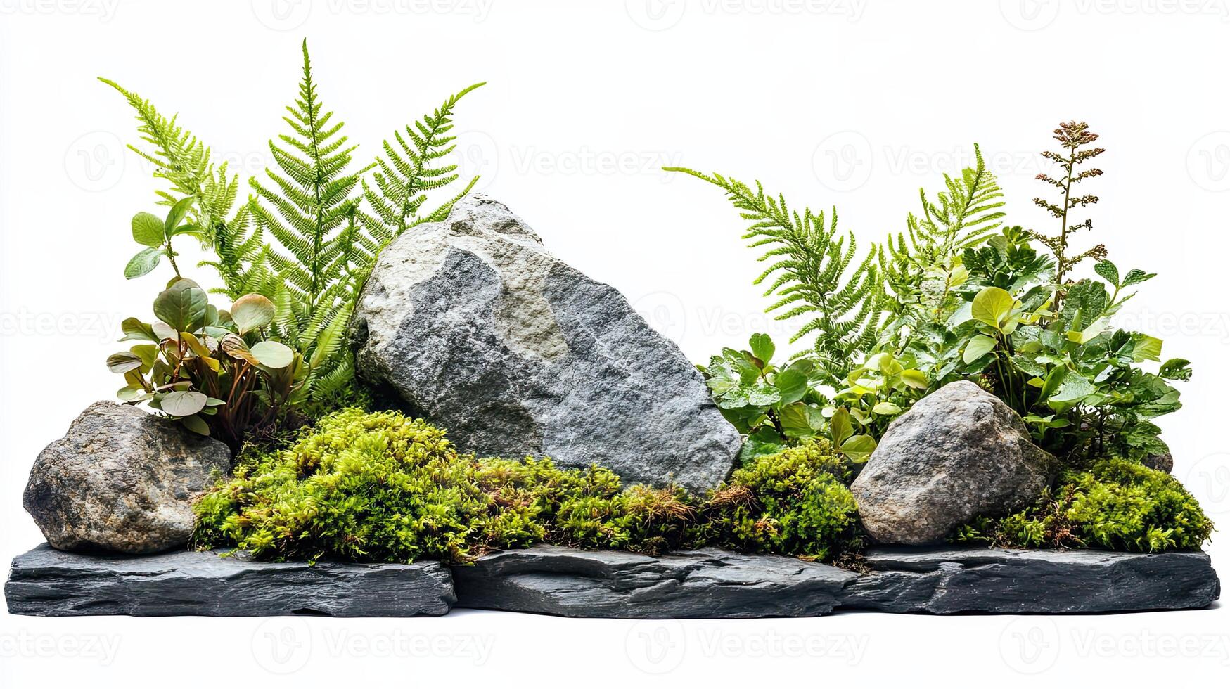 Miniature garden with ferns, moss, and rocks. Nature scene. photo