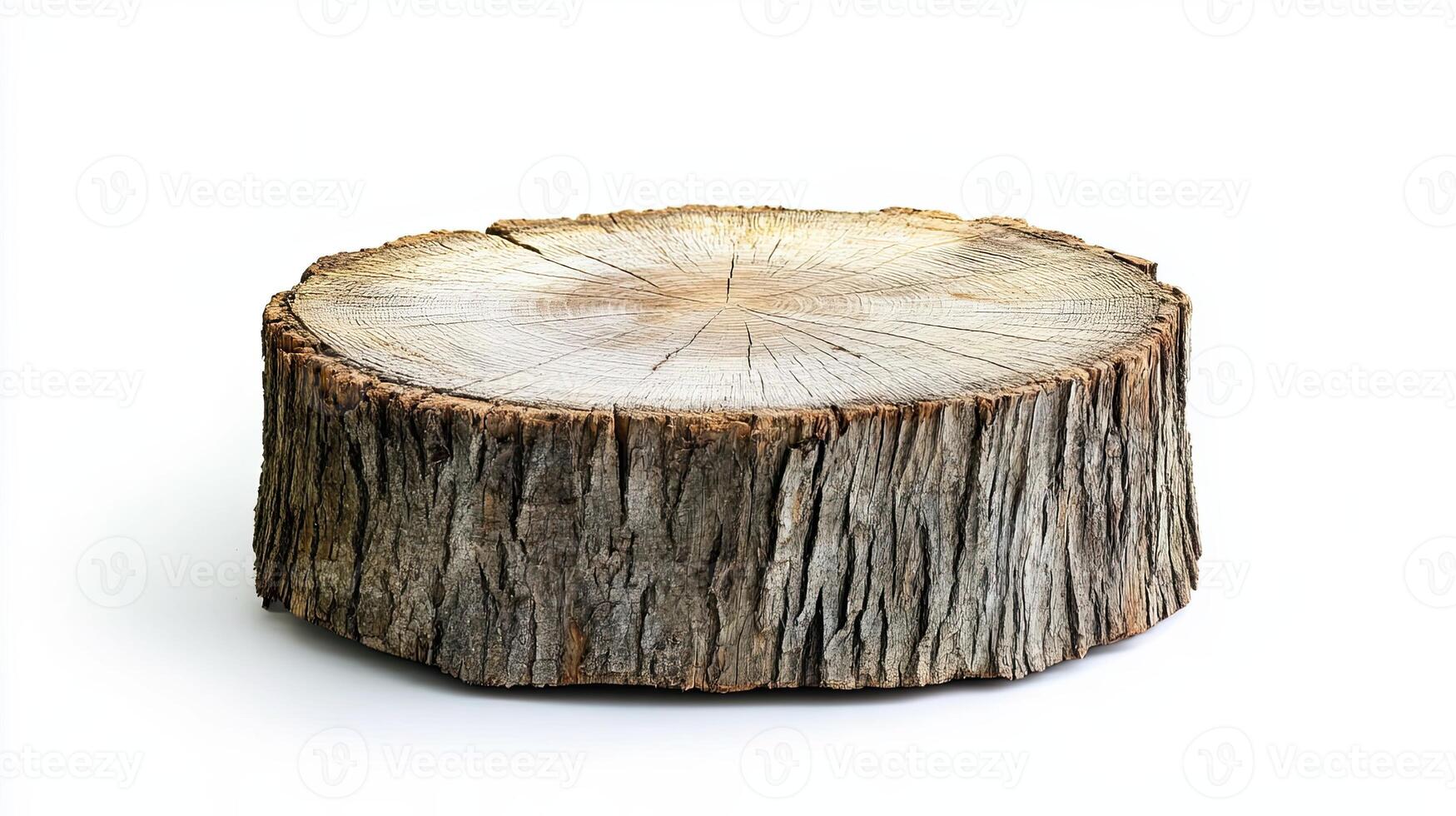 Tree stump slice isolated on white background. Rustic wooden texture. photo