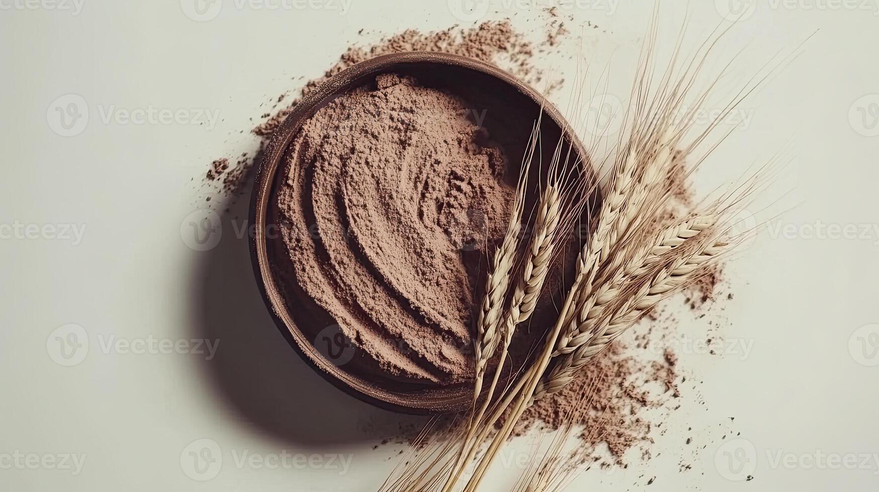 Cocoa powder in bowl with wheat. Chocolate, dessert, baking concept. photo