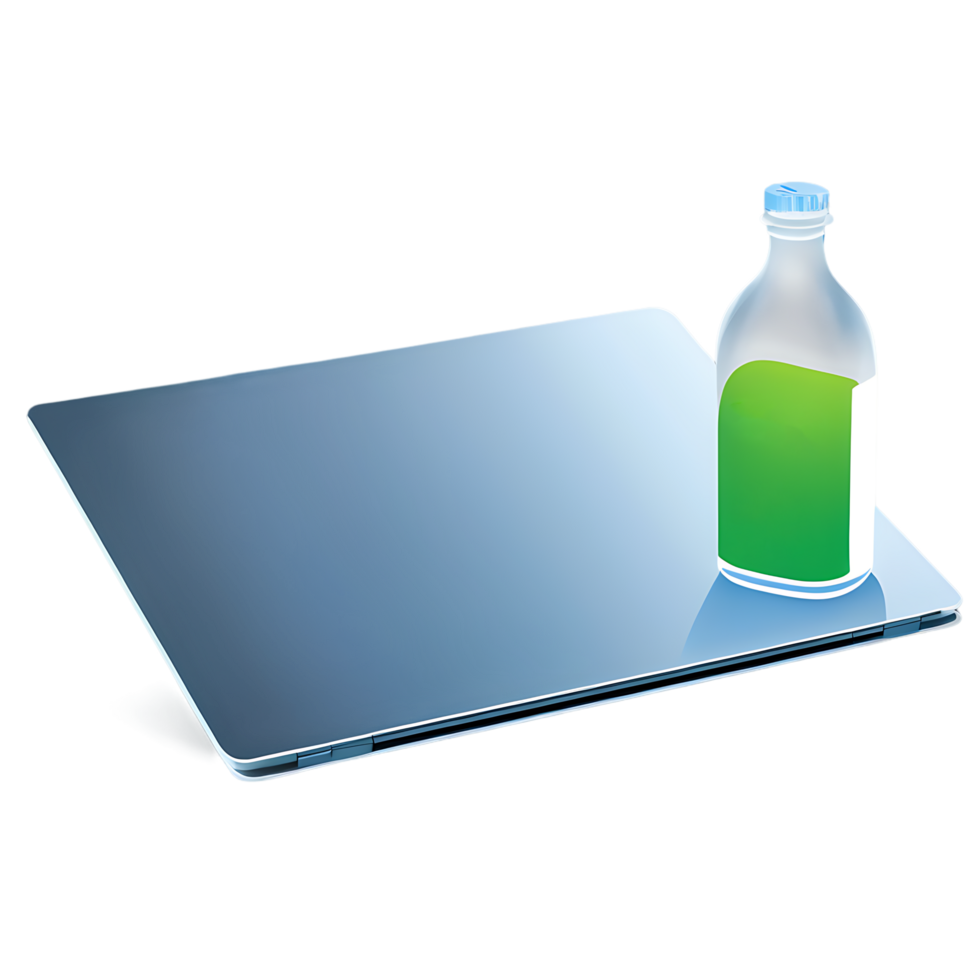 a bottle of liquid and a laptop on a transparent background png