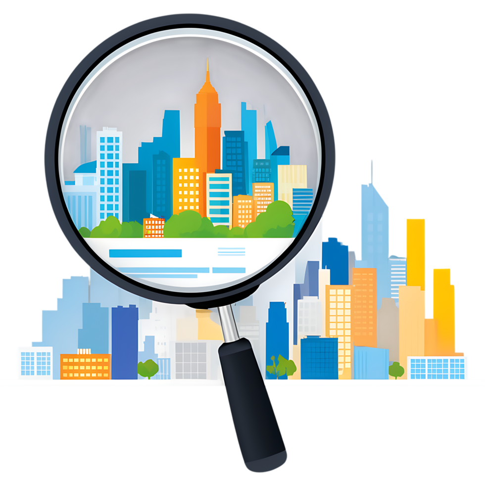cityscape magnifying glass icon, transparent background png