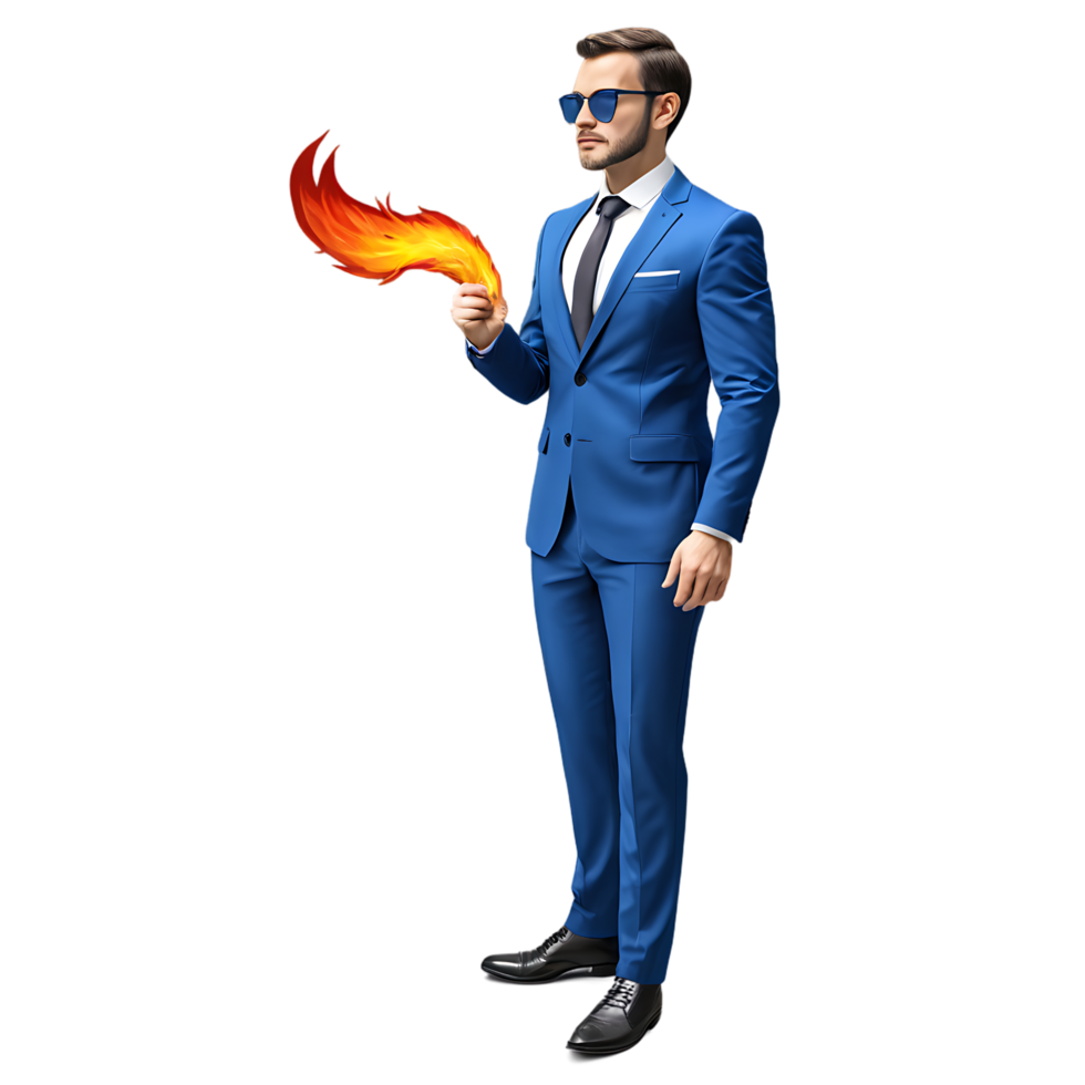 a man in a suit and tie holding a flaming torch png