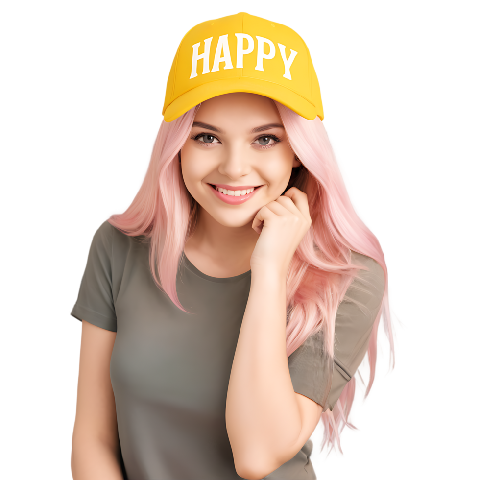 happy woman wearing a hat with happy written on it png