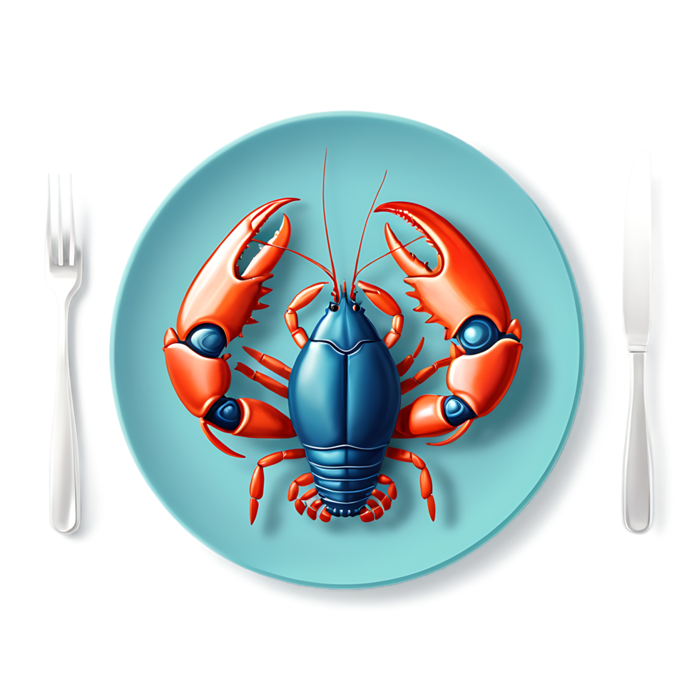 lobster on plate with fork and knife on transparent background png