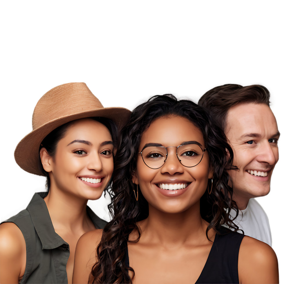 three people smiling and looking at the camera png