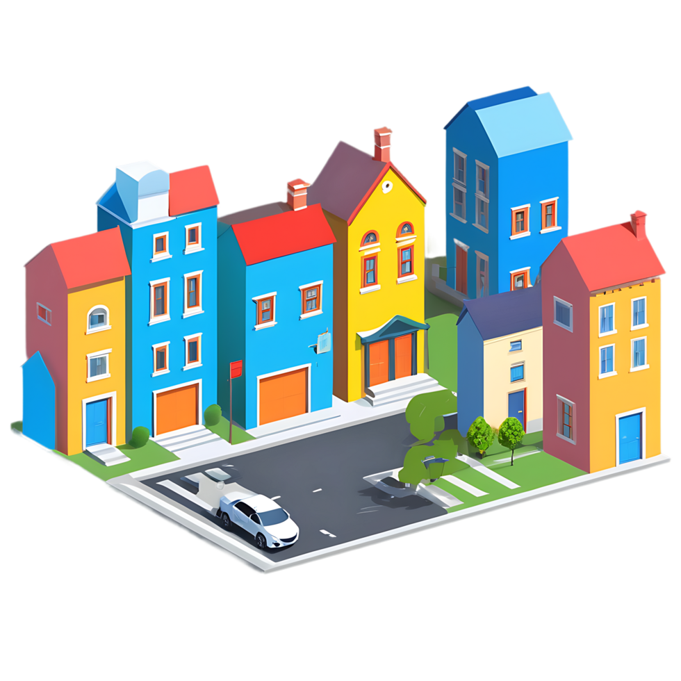 isometric illustration of a small town with houses and cars png
