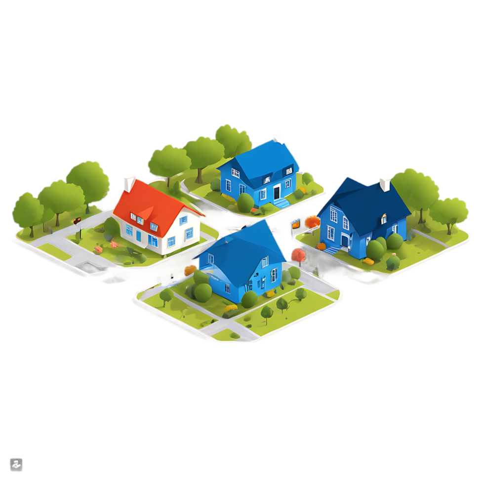 isometric illustration of a house with trees and bushes png