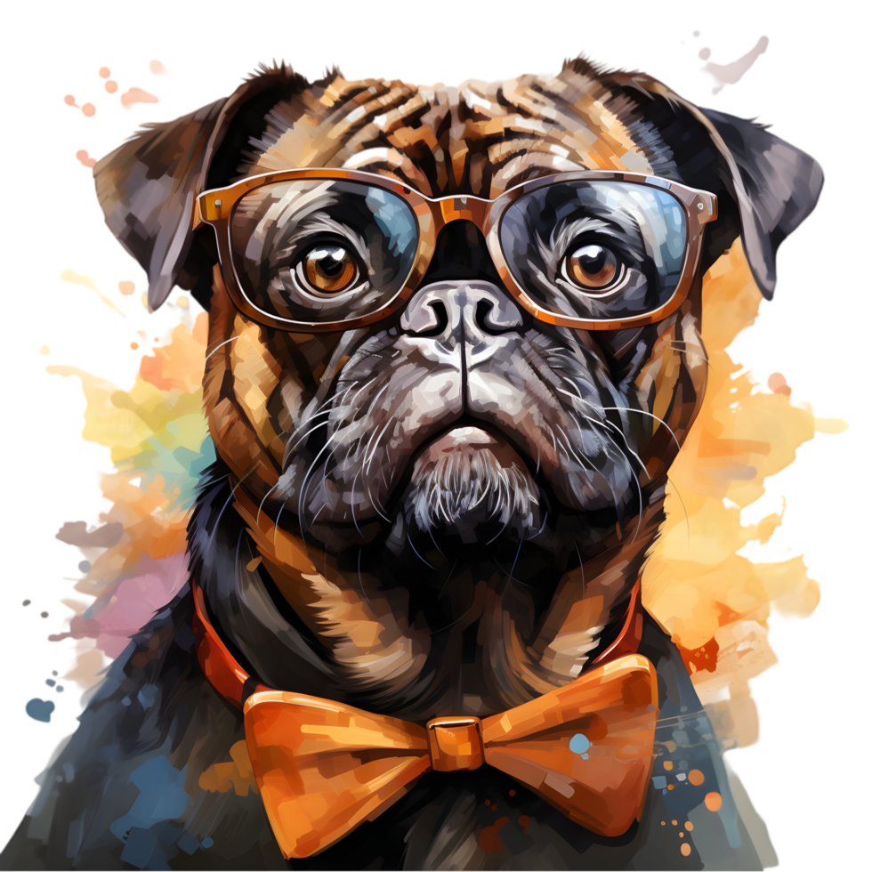 Stylish Pug Dog with Glasses and Bow Tie Transparent Background png