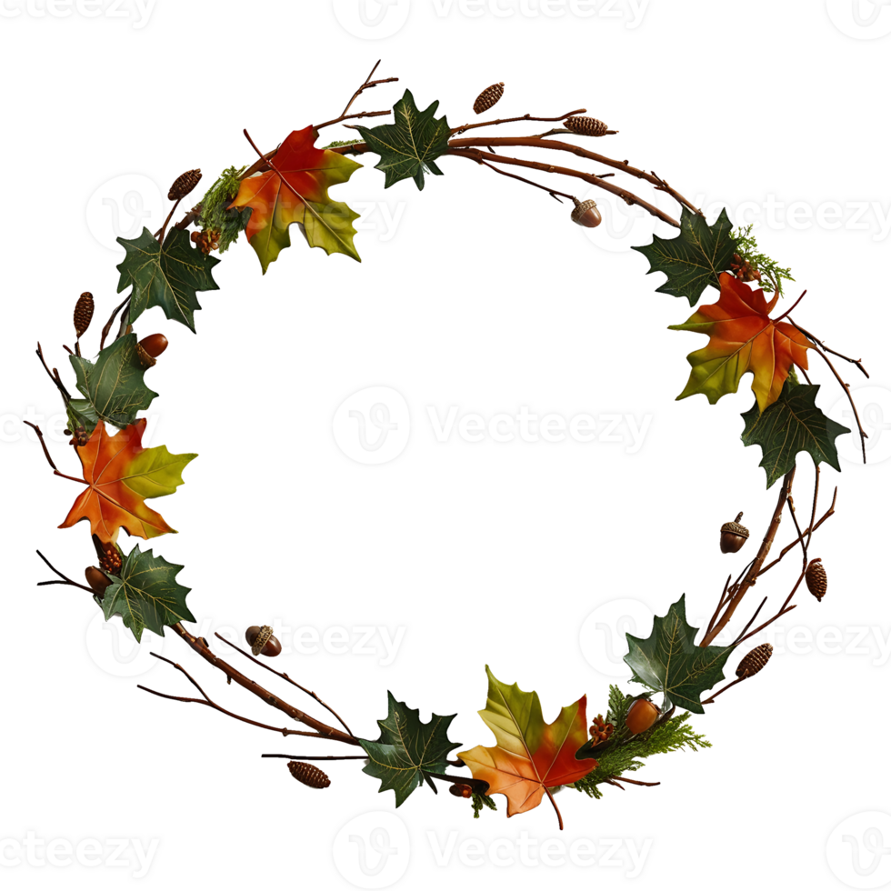 wreath made of leaves and acorns on a transparent background png