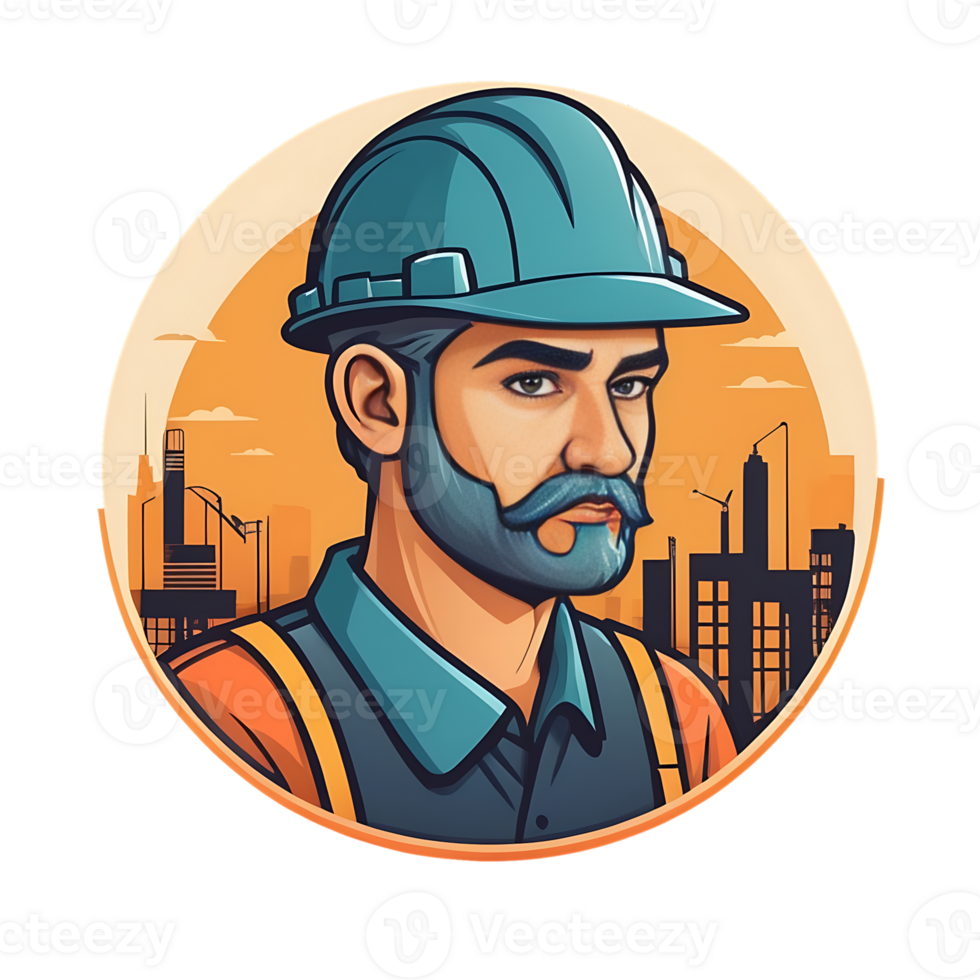 Man in a hard hat and beard with a city skyline in the background png