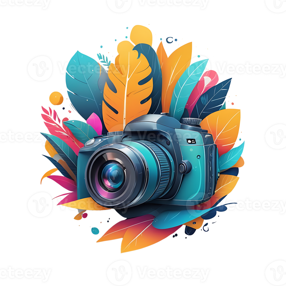 Camera with colorful leaves and flowers on it png
