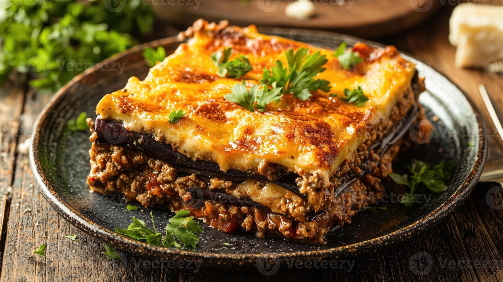 A plate of lasagna with cheese and vegetables photo
