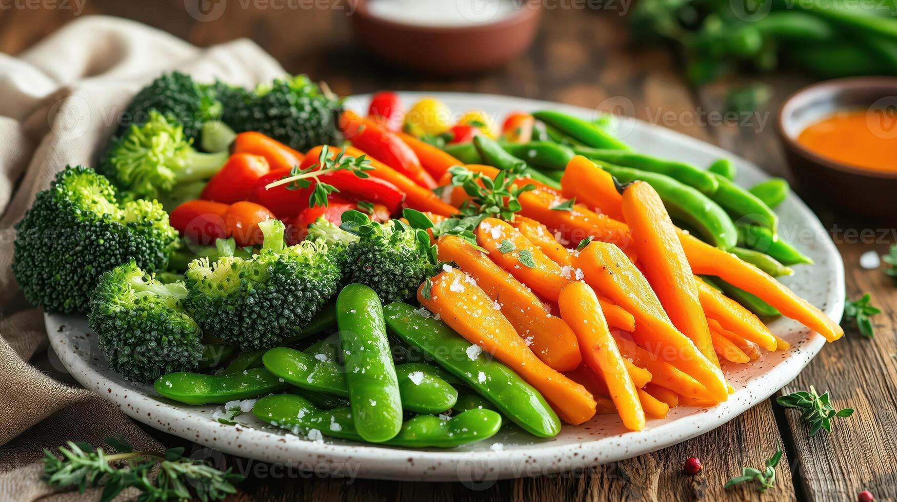 A plate of vegetables with broccoli, carrots, and other vegetables photo