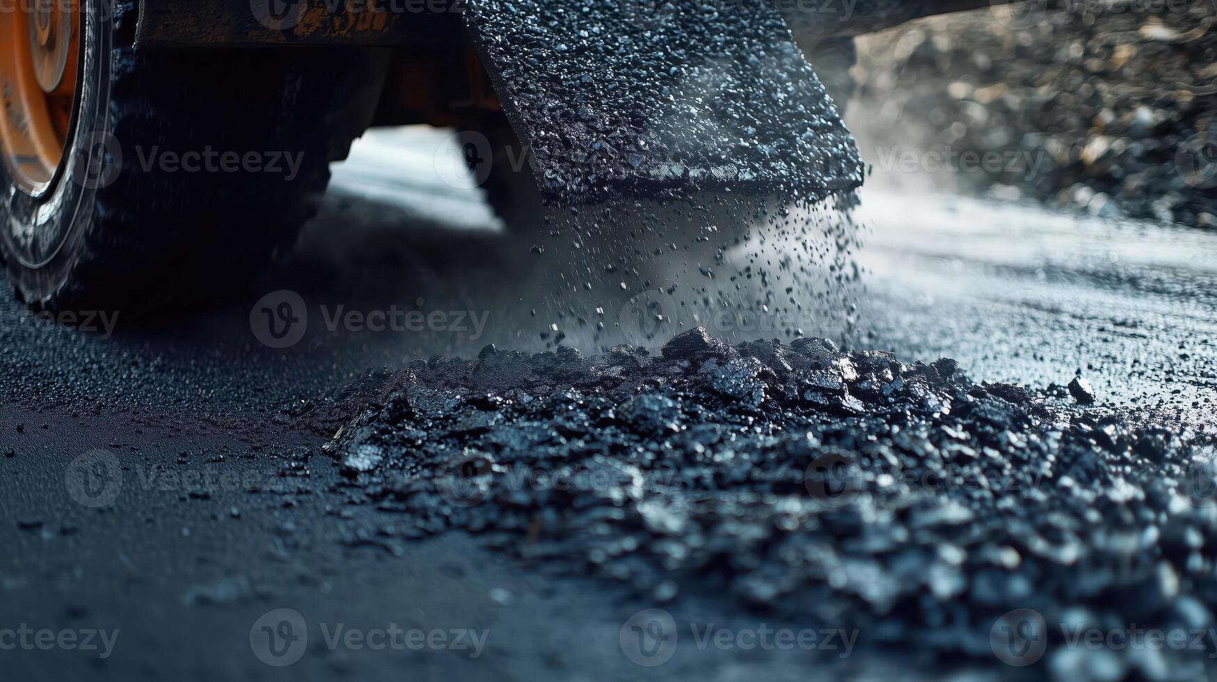 A truck is driving over a road with gravel photo