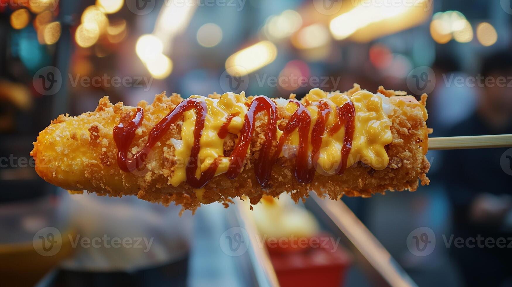 A fried food stick with ketchup and mustard on it photo