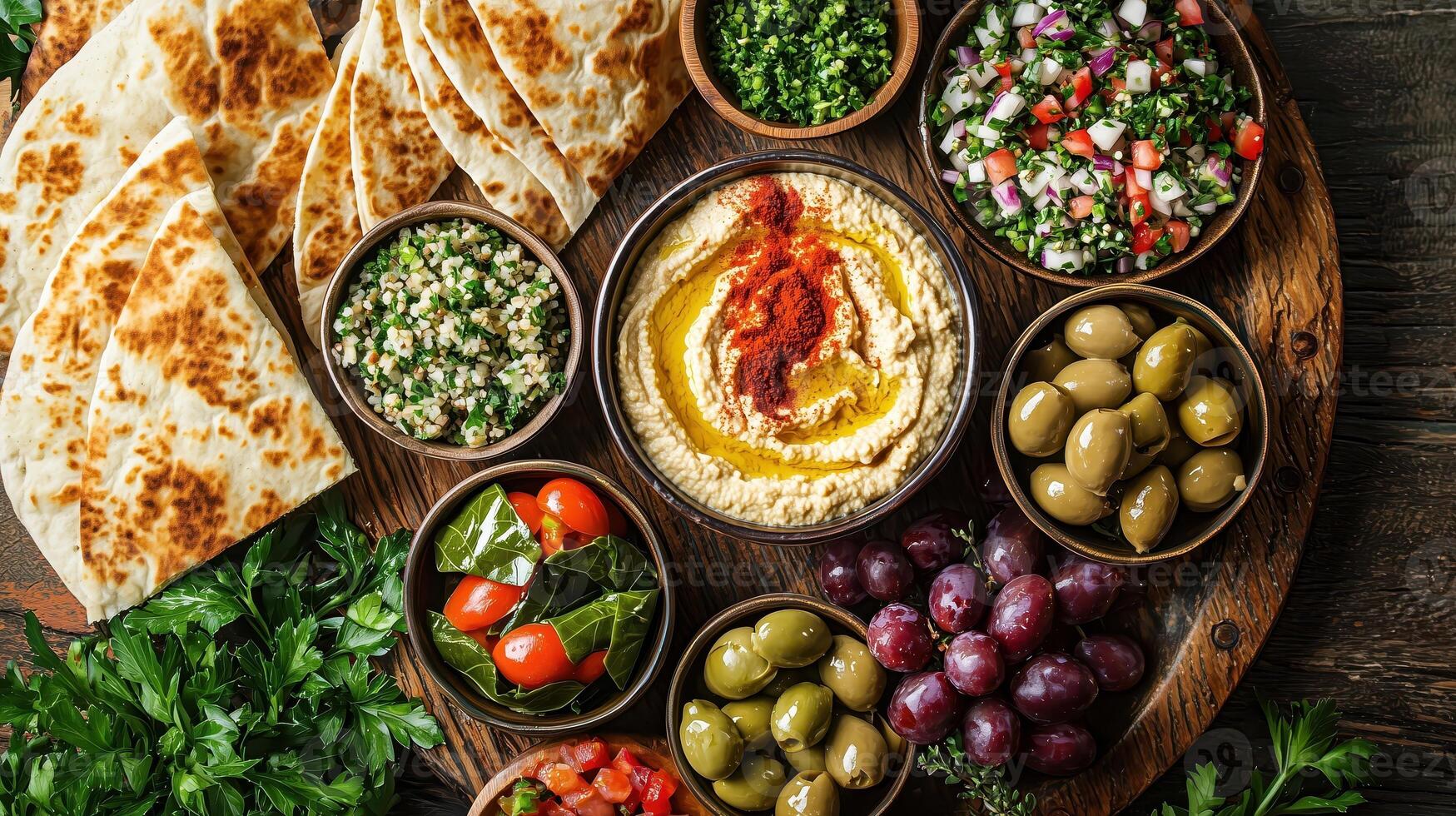 A variety of different foods are arranged on a wooden table photo