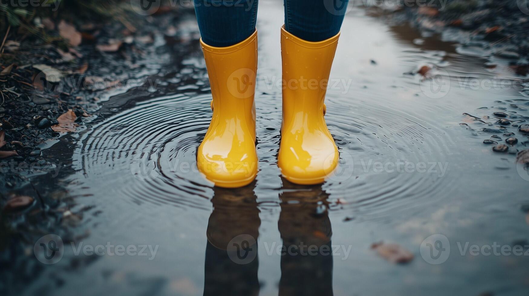 A person standing in a puddle wearing yellow rain boots photo