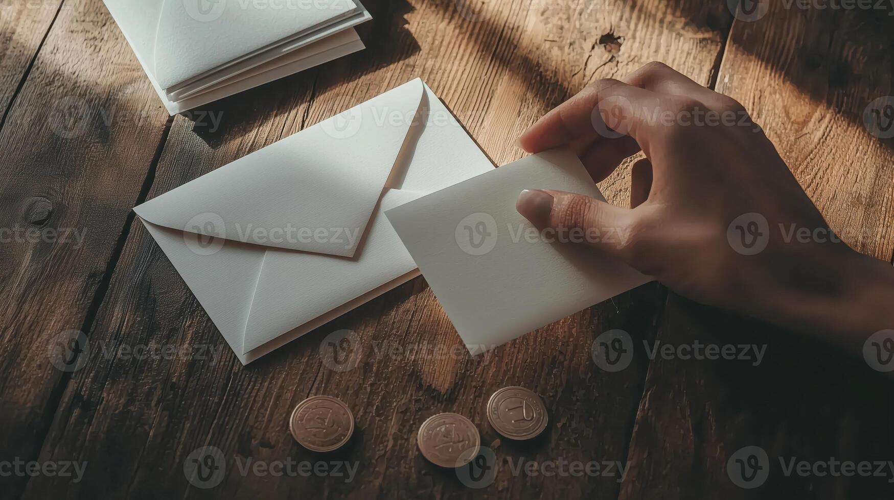 A person is holding an envelope with a white envelope on a wooden table photo