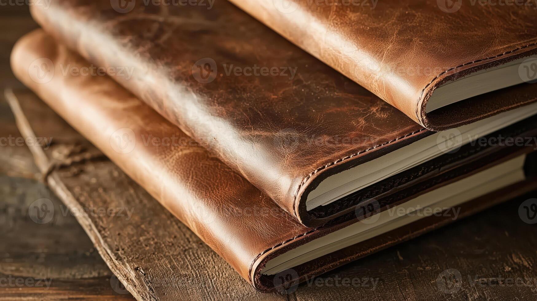 Three leather bound books on a wooden table photo