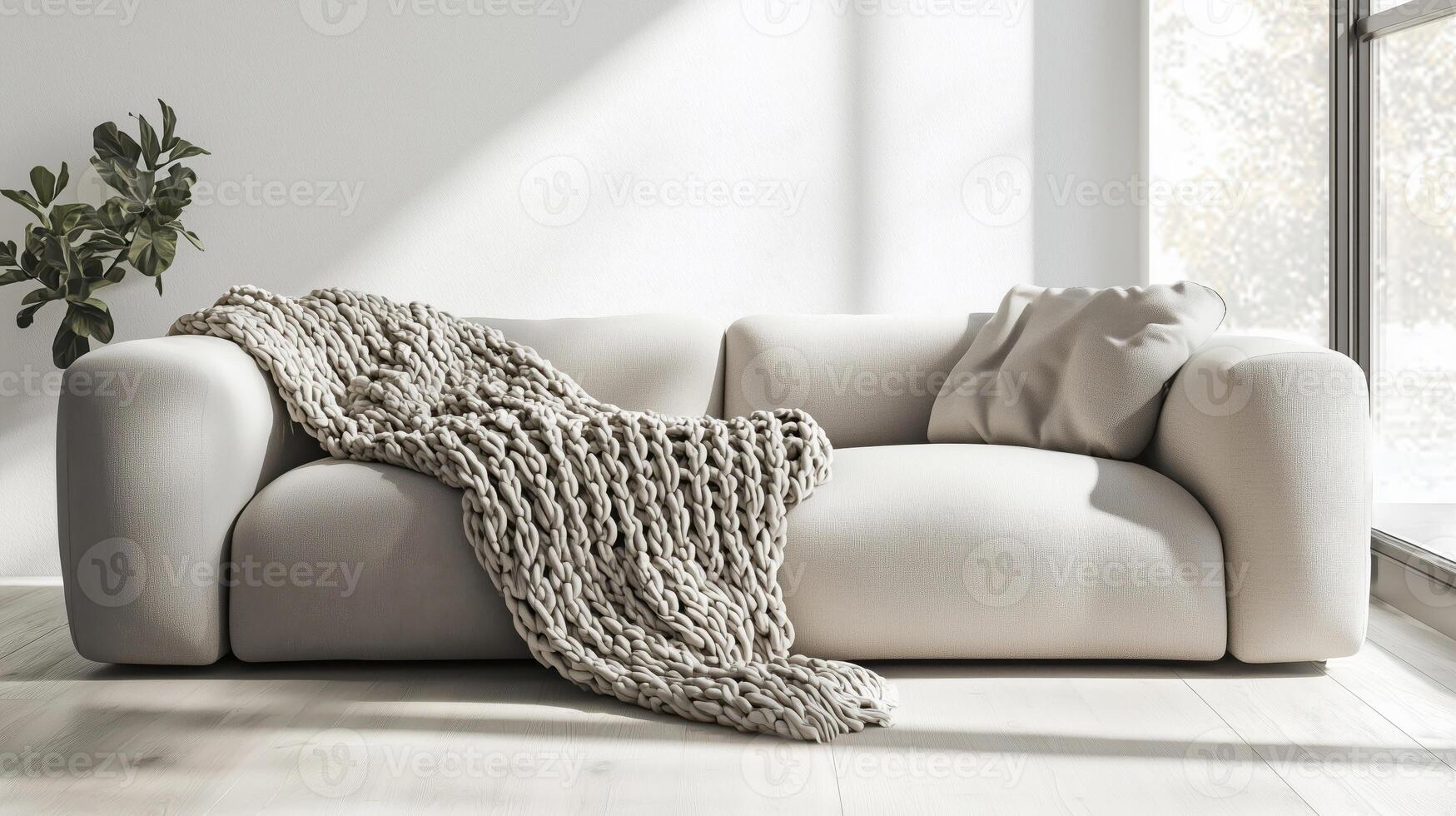 A white couch with a blanket on it in front of a window photo