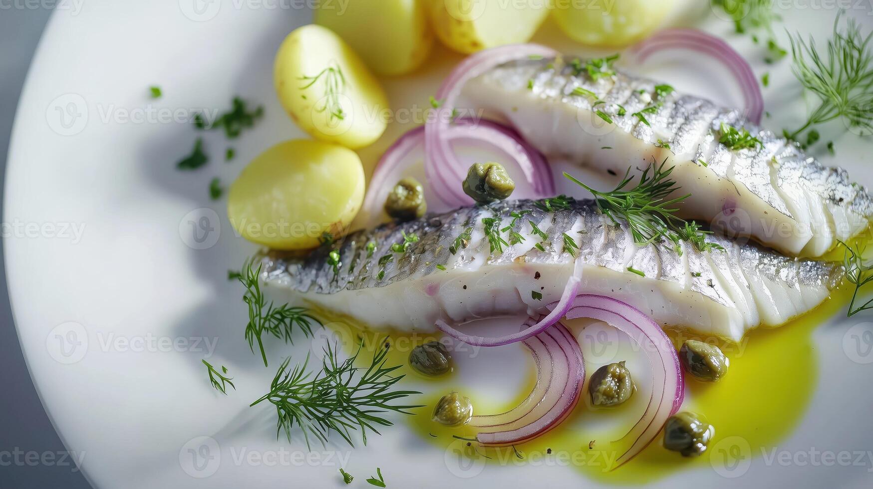 A plate with fish, potatoes and onions photo
