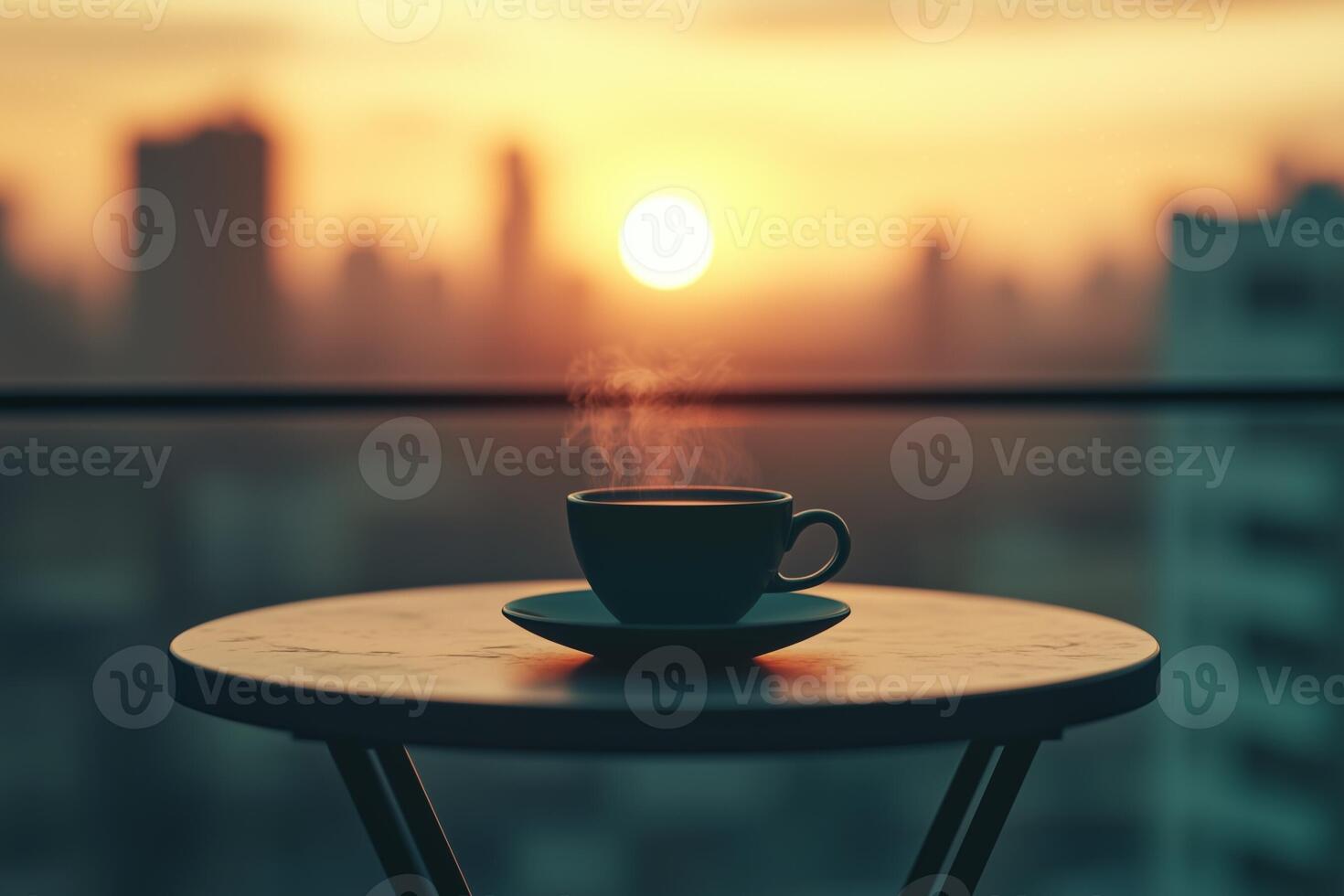 Coffee cup on table with cityscape background photo