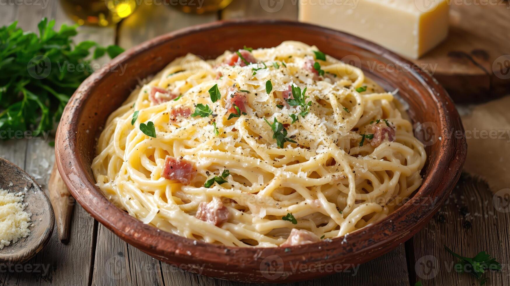 Spaghetti with ham and parmesan cheese photo