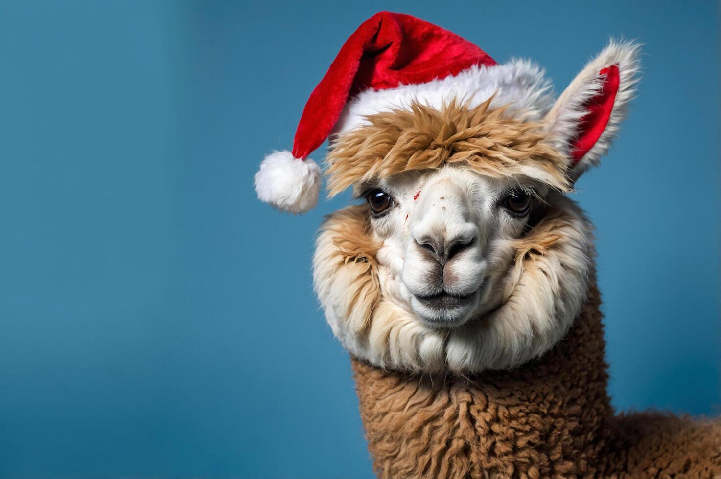 Adorable Alpaca in Santa Hat with Light Blue Backdrop photo