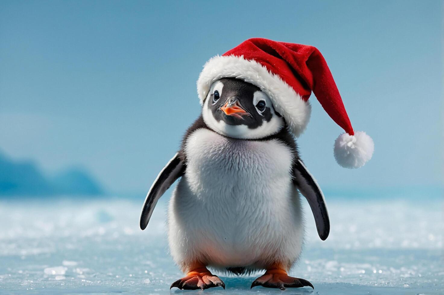 Festive Penguin Chick in Santa Hat with Cool Blue Backdrop photo